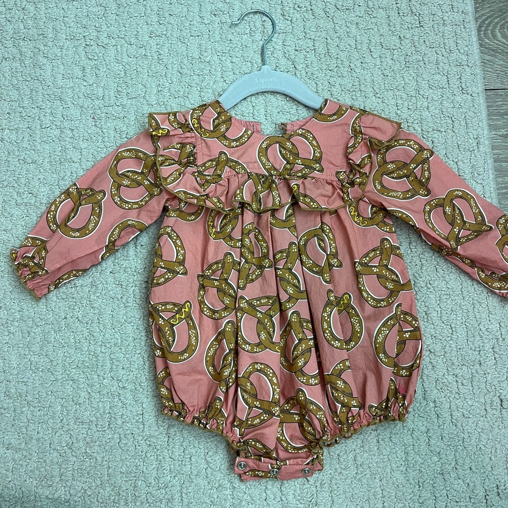 Pink Chicken 3/6M romper with pretzel detail